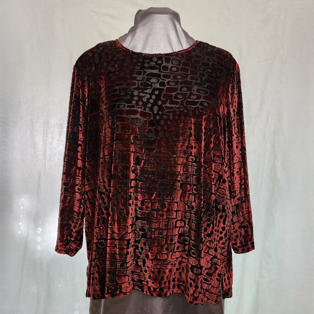 Mod Print Shiny Velveteen Red & Black Blouse for Ladies